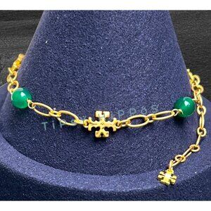 Tory Burch Roxanne Delicate Emerald Pearl and Gold Chainlink Bracelet